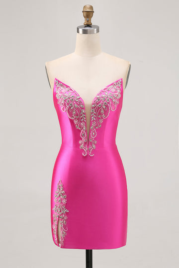 Fuchsia Beaded Satin Bodycon Strapless Homecoming Dress with Slit